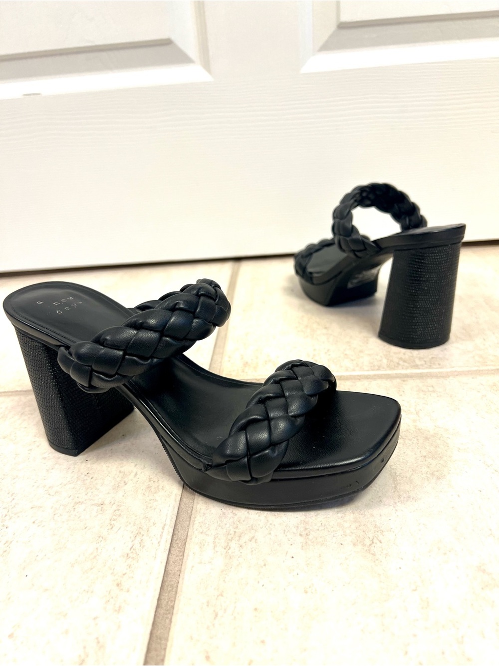A New Day 6.5M Black Braided Double-Strap Platform Heeled Sandals gothic chunky